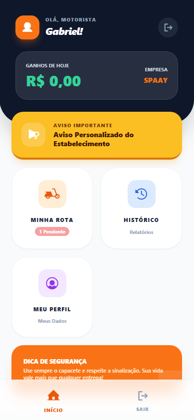 Menu Principal do App do Entregador